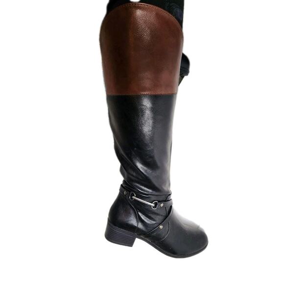 NAUTICA WOMEN'S Riding Boots 8.5 LEATHER SIDE ZIP BLACK & Brown Top Metal Logo - Picture 8 of 12